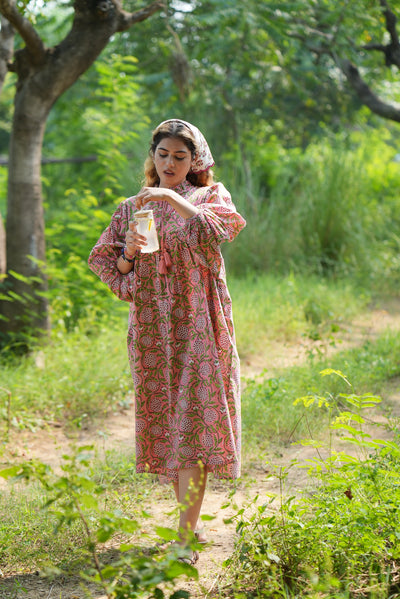 Fabricrush Strawberry Pink Indian Hand Block Printed Cotton Dress for Summers, Wedding Dress, Comfort Wear, Maxi Dress, Daily Wear