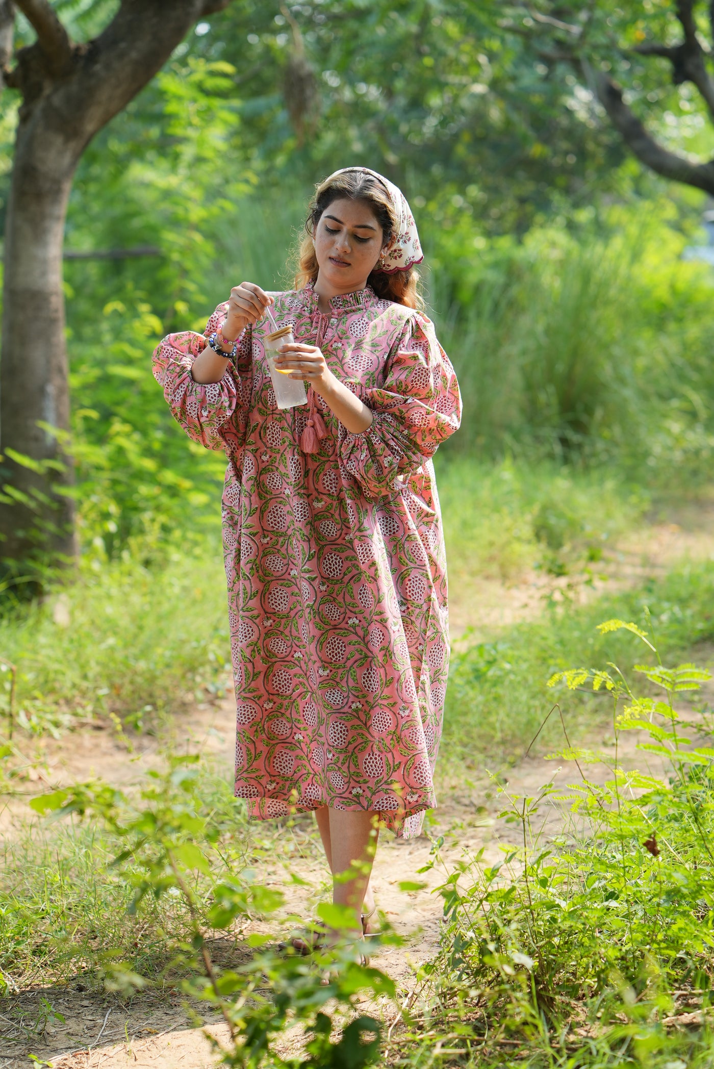 Fabricrush Strawberry Pink Indian Hand Block Printed Cotton Dress for Summers, Wedding Dress, Comfort Wear, Maxi Dress, Daily Wear