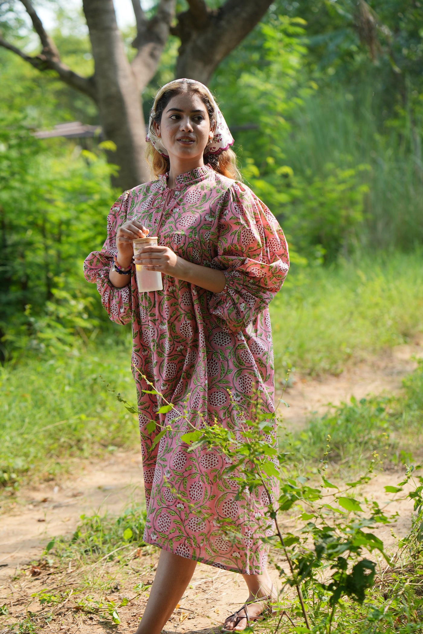 Fabricrush Strawberry Pink Indian Hand Block Printed Cotton Dress for Summers, Wedding Dress, Comfort Wear, Maxi Dress, Daily Wear