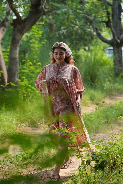 Fabricrush Strawberry Pink Indian Hand Block Printed Cotton Dress for Summers, Wedding Dress, Comfort Wear, Maxi Dress, Daily Wear