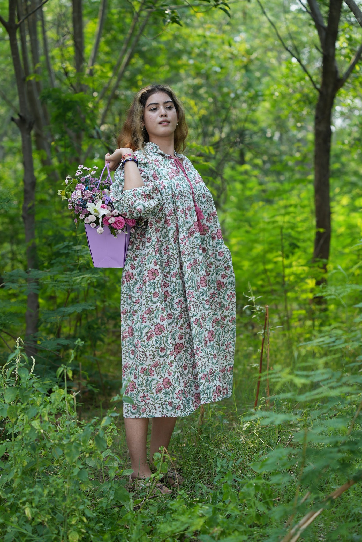 Fabricrush Tulip Pink Indian Hand Block Printed Cotton Dress for Summers, Wedding Dress, Comfort Wear, Maxi Dress, Daily Wear