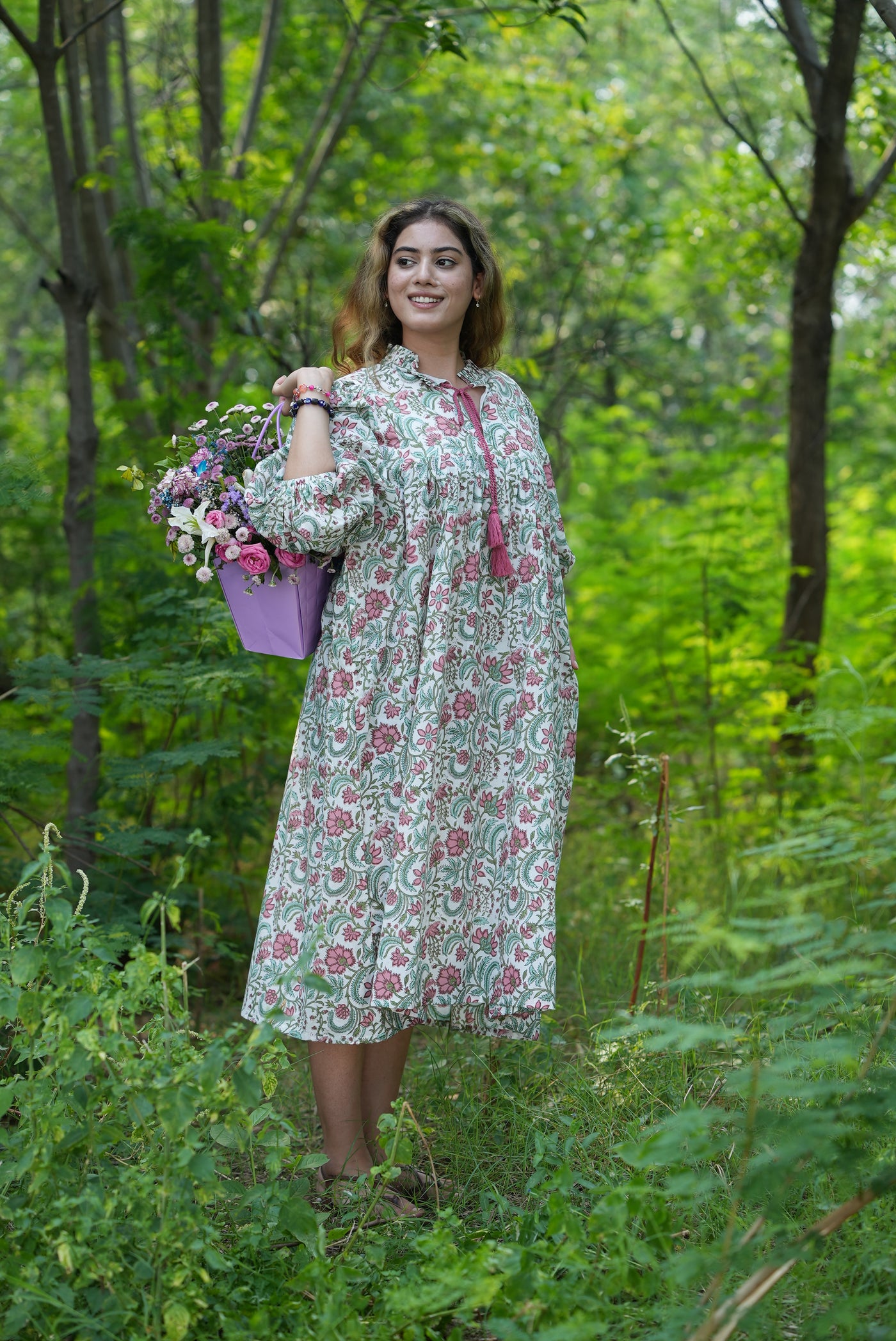 Fabricrush Tulip Pink Indian Hand Block Printed Cotton Dress for Summers, Wedding Dress, Comfort Wear, Maxi Dress, Daily Wear