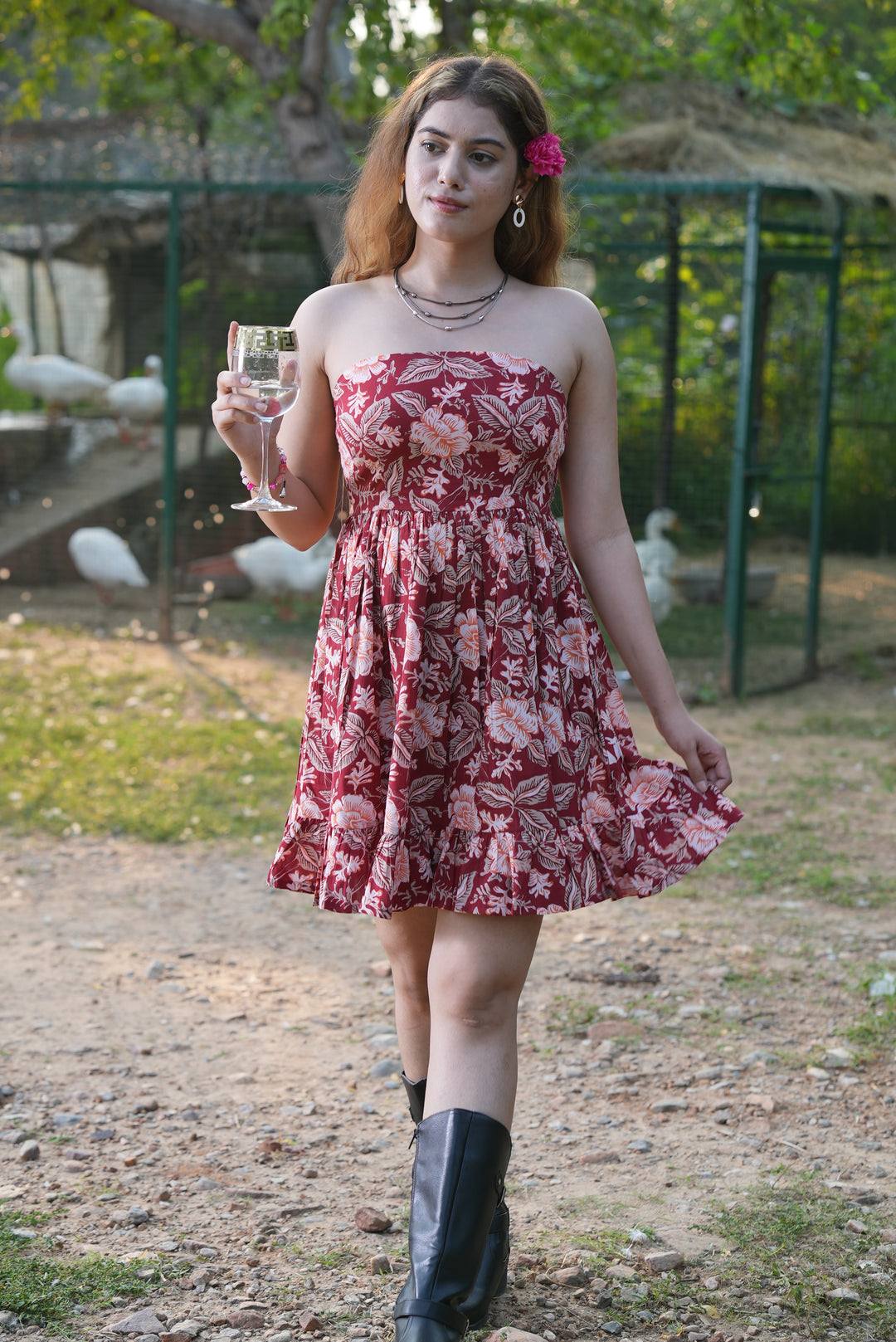 Fabricrush Red Floral Christmas Dress, Indian Hand Printed Cotton Summer Dress, Party Wear, Comfort Wear, Midi Dress, Women's Dress, Off-Shoulder Dress, Gift for her, gifts, Halloween, Christmas