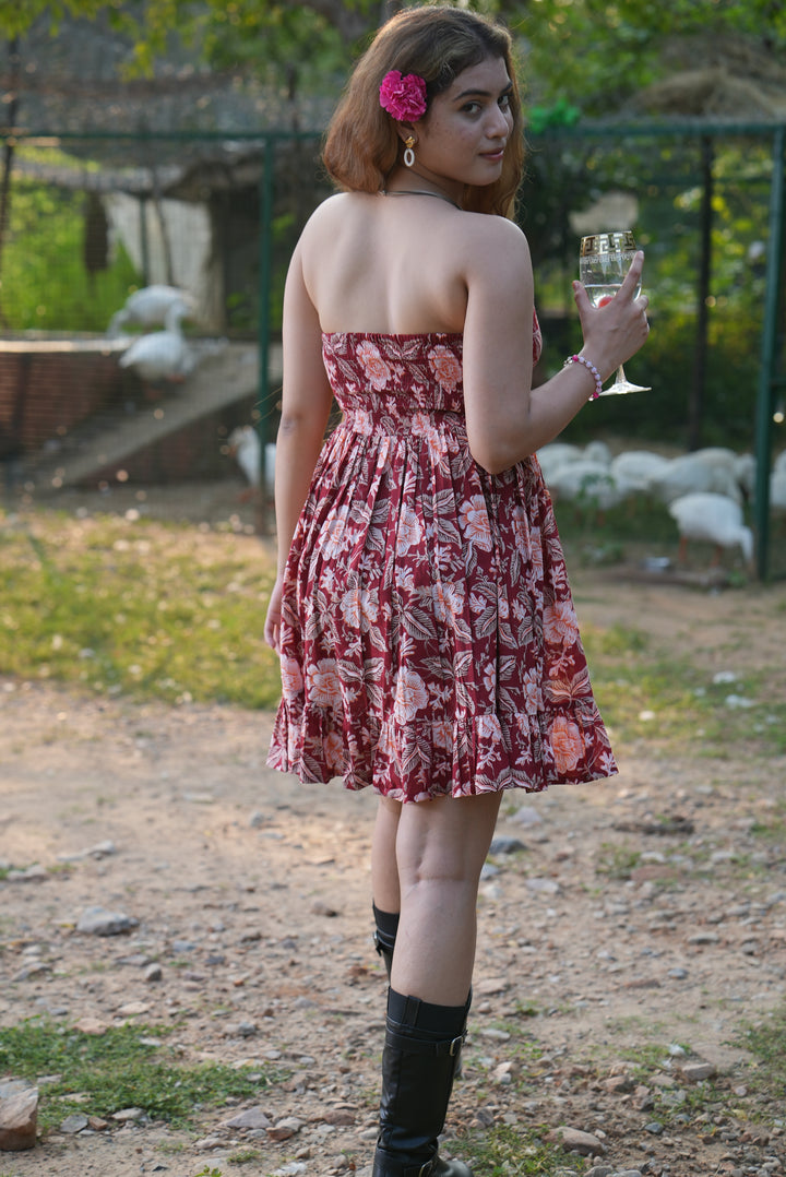 Fabricrush Red Floral Christmas Dress, Indian Hand Printed Cotton Summer Dress, Party Wear, Comfort Wear, Midi Dress, Women's Dress, Off-Shoulder Dress, Gift for her, gifts, Halloween, Christmas