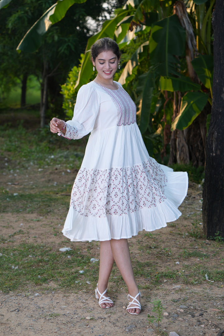 Fabricrush White Dress, Embroidery and Hand Block Printed Cotton Summer Dress, Comfort Wear, Midi Dress, Daily Comfort Wear, BO-HO Dress, Party Wear, Gift for her, gifts