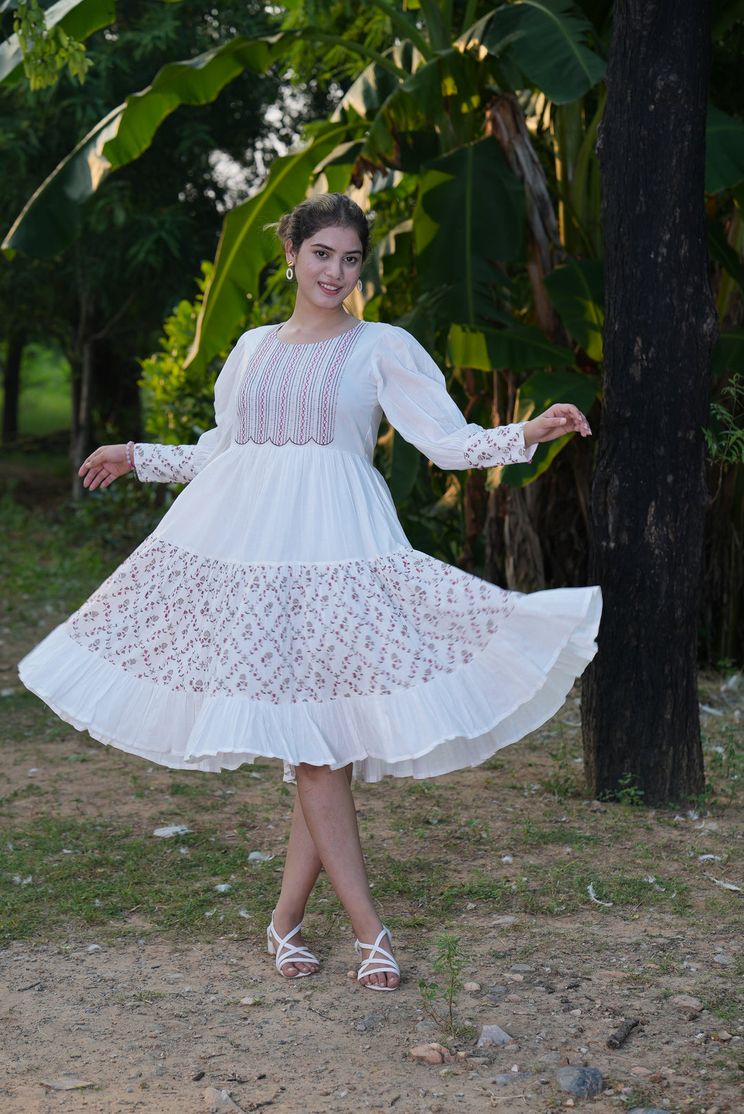 Fabricrush White Dress, Embroidery and Hand Block Printed Cotton Summer Dress, Comfort Wear, Midi Dress, Daily Comfort Wear, BO-HO Dress, Party Wear, Gift for her, gifts