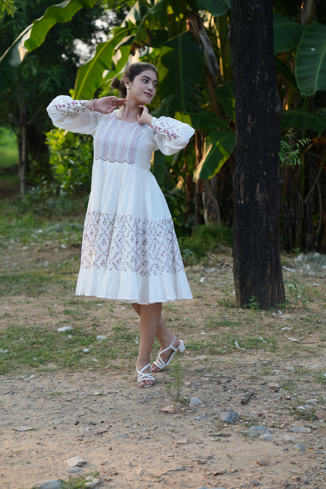 Fabricrush White Dress, Embroidery and Hand Block Printed Cotton Summer Dress, Comfort Wear, Midi Dress, Daily Comfort Wear, BO-HO Dress, Party Wear, Gift for her, gifts