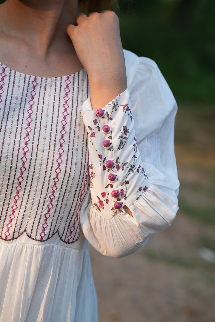 Fabricrush White Dress, Embroidery and Hand Block Printed Cotton Summer Dress, Comfort Wear, Midi Dress, Daily Comfort Wear, BO-HO Dress, Party Wear, Gift for her, gifts