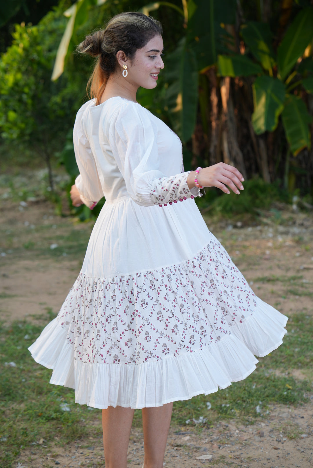 Fabricrush White Dress, Embroidery and Hand Block Printed Cotton Summer Dress, Comfort Wear, Midi Dress, Daily Comfort Wear, BO-HO Dress, Party Wear, Gift for her, gifts