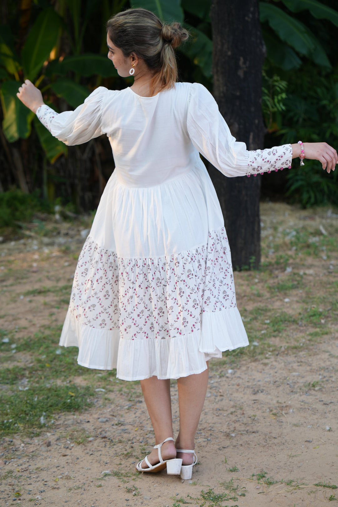 Fabricrush White Dress, Embroidery and Hand Block Printed Cotton Summer Dress, Comfort Wear, Midi Dress, Daily Comfort Wear, BO-HO Dress, Party Wear, Gift for her, gifts