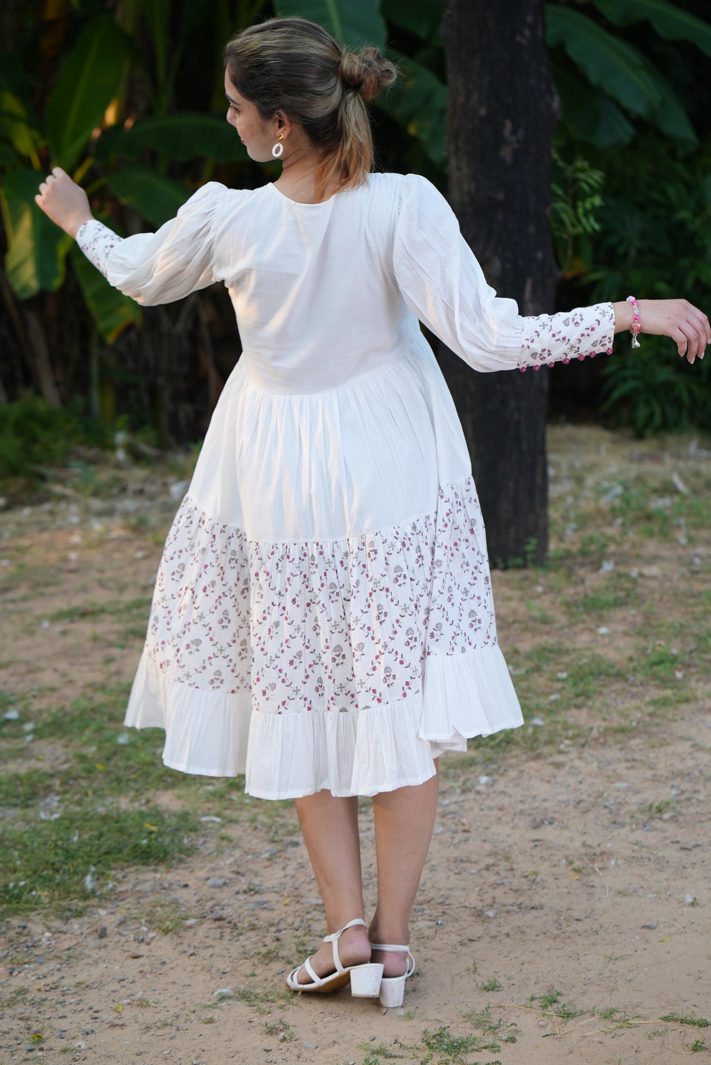 Fabricrush White Dress, Embroidery and Hand Block Printed Cotton Summer Dress, Comfort Wear, Midi Dress, Daily Comfort Wear, BO-HO Dress, Party Wear, Gift for her, gifts, Halloween, Christmas, Thanksgiving