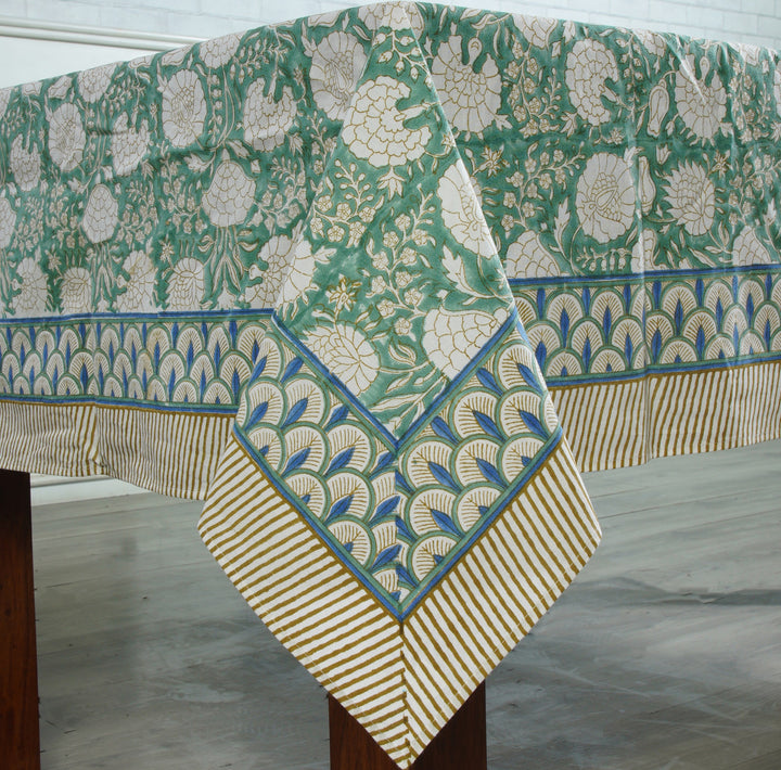 Hand block printed Old Moss Green tablelcoth - The Fabricrush - Image 