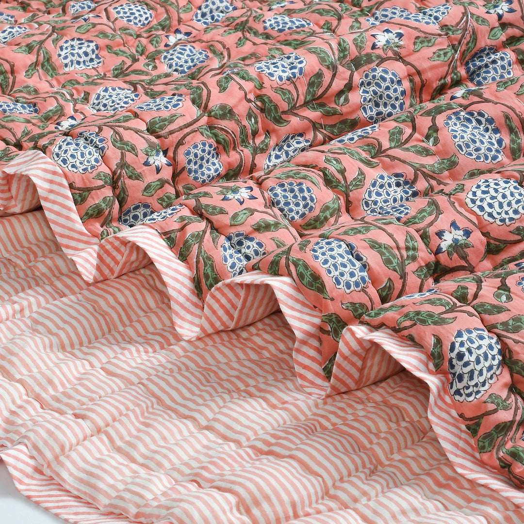 Indian Floral Hand Block Printed Quilted Throw Blanket 100% Pure Cotton Quilt