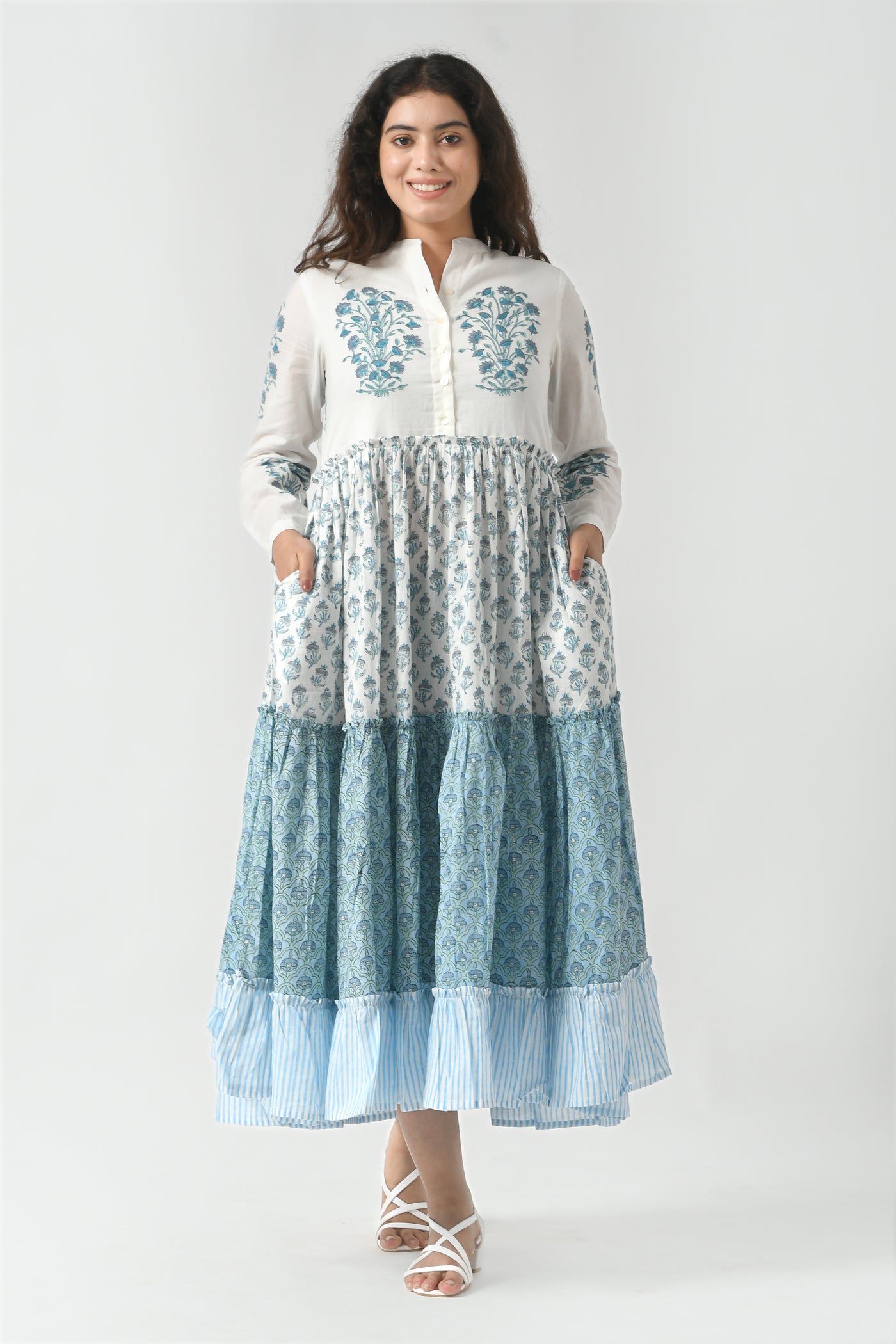 Fabricrush Indian Floral Hand Block Printed Cotton Summer Dress for Women, Three Tier Flare Maxi Dress, Everyday Dress