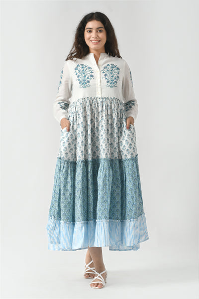 Fabricrush Indian Floral Hand Block Printed Cotton Summer Dress for Women, Three Tier Flare Maxi Dress, Everyday Dress