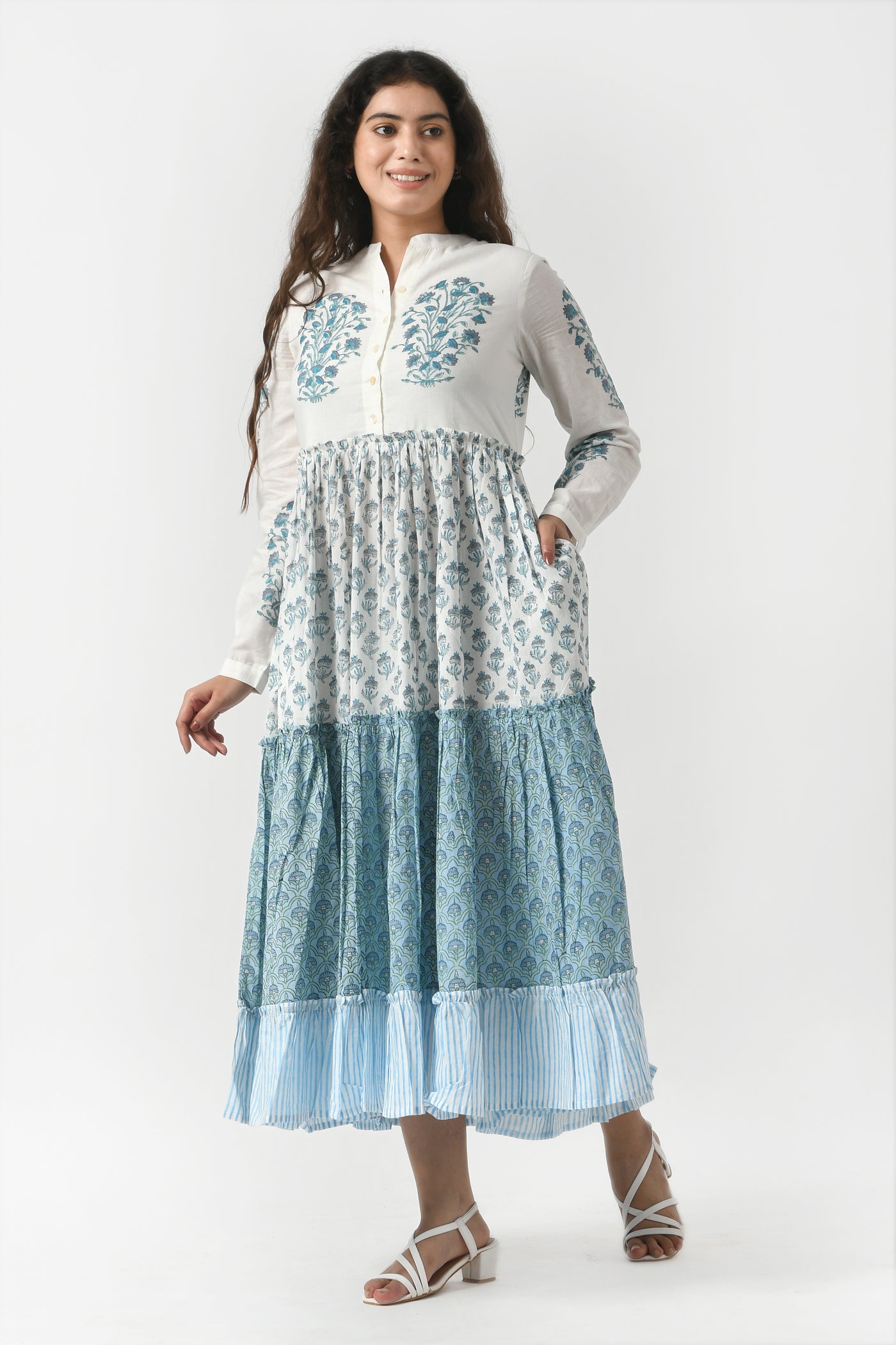 Fabricrush Indian Floral Hand Block Printed Cotton Summer Dress for Women, Three Tier Flare Maxi Dress, Everyday Dress