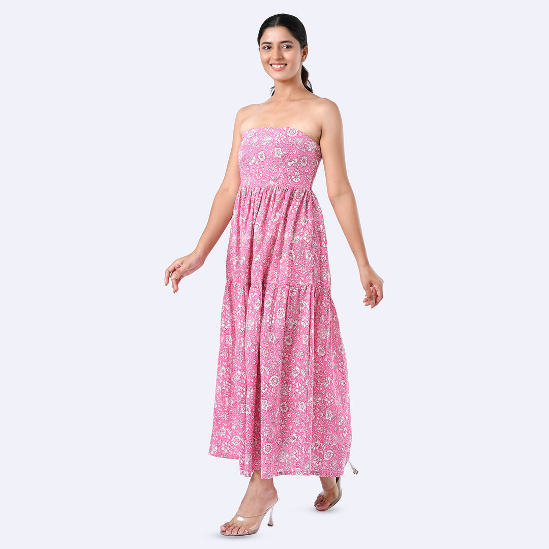 Pink Floral Cotton Strapless Co-Ord Set – Summer Tube Top with Pants