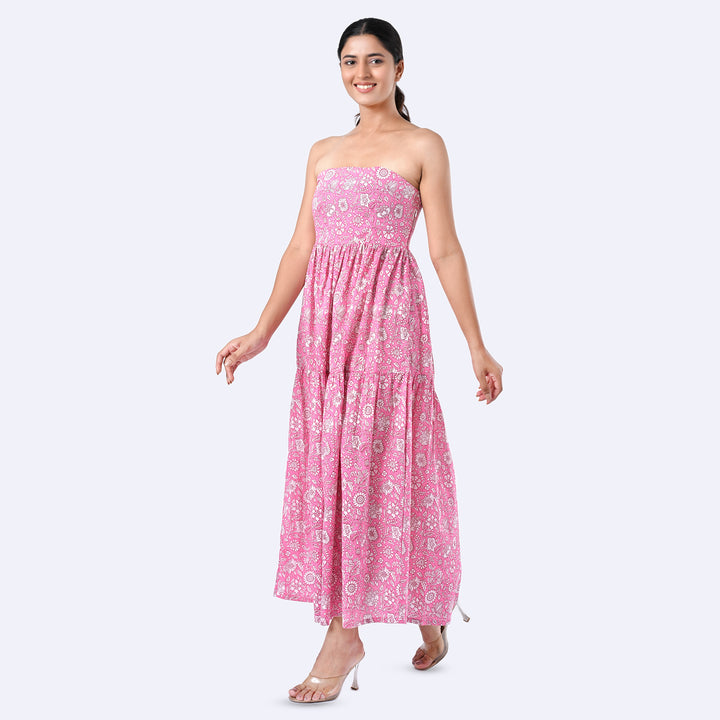 Pink Floral Cotton Strapless Co-Ord Set – Summer Tube Top with Pants