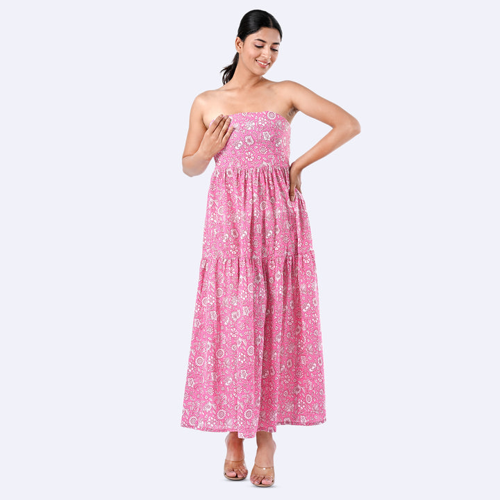 Pink Floral Cotton Strapless Co-Ord Set – Summer Tube Top with Pants