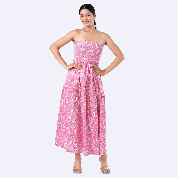 Pink Floral Cotton Strapless Co-Ord Set – Summer Tube Top with Pants