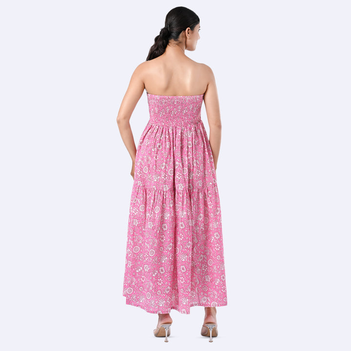 Pink Floral Cotton Strapless Co-Ord Set – Summer Tube Top with Pants