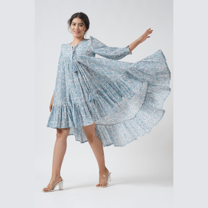 Dusty Blue Maxi High-Low Cotton Dress with Lace Neck & 3/4 Sleeves