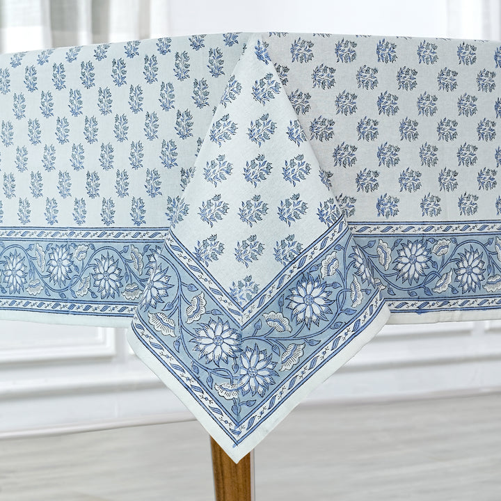 Fabricrush Tablecloth, Sky and Beau Blue Indian Hand Block Floral Printed Cotton Table Cover, Table Top, French Tablecloth, Wedding Home Garden Outdoor, Gift for her, gifts, Valentine's day, Spring, Easter