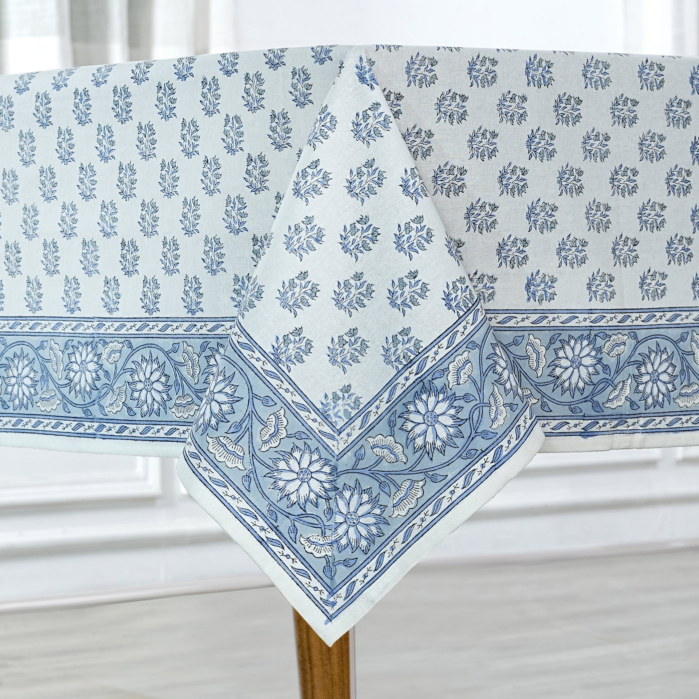 Fabricrush Tablecloth, Sky and Beau Blue Indian Hand Block Floral Printed Cotton Table Cover, Table Top, French Tablecloth, Wedding Home Garden Outdoor