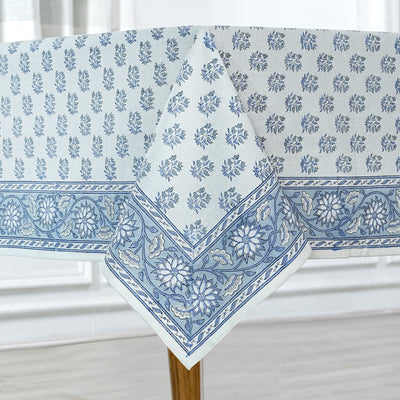 Fabricrush Tablecloth, Sky and Beau Blue Indian Hand Block Floral Printed Cotton Table Cover, Table Top, French Tablecloth, Wedding Home Garden Outdoor