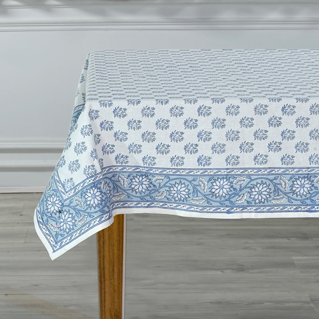 Fabricrush Tablecloth, Sky and Beau Blue Indian Hand Block Floral Printed Cotton Table Cover, Table Top, French Tablecloth, Wedding Home Garden Outdoor, Gift for her, gifts, Valentine's day, Spring, Easter