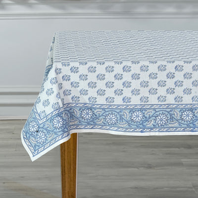 Fabricrush Tablecloth, Sky and Beau Blue Indian Hand Block Floral Printed Cotton Table Cover, Table Top, French Tablecloth, Wedding Home Garden Outdoor