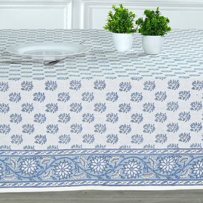 Fabricrush Tablecloth, Sky and Beau Blue Indian Hand Block Floral Printed Cotton Table Cover, Table Top, French Tablecloth, Wedding Home Garden Outdoor