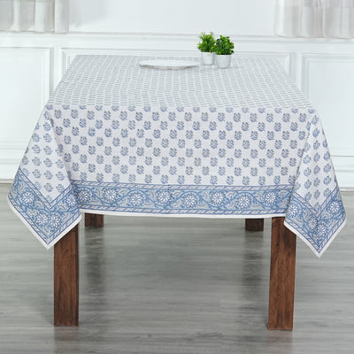 Fabricrush Tablecloth, Sky and Beau Blue Indian Hand Block Floral Printed Cotton Table Cover, Table Top, French Tablecloth, Wedding Home Garden Outdoor