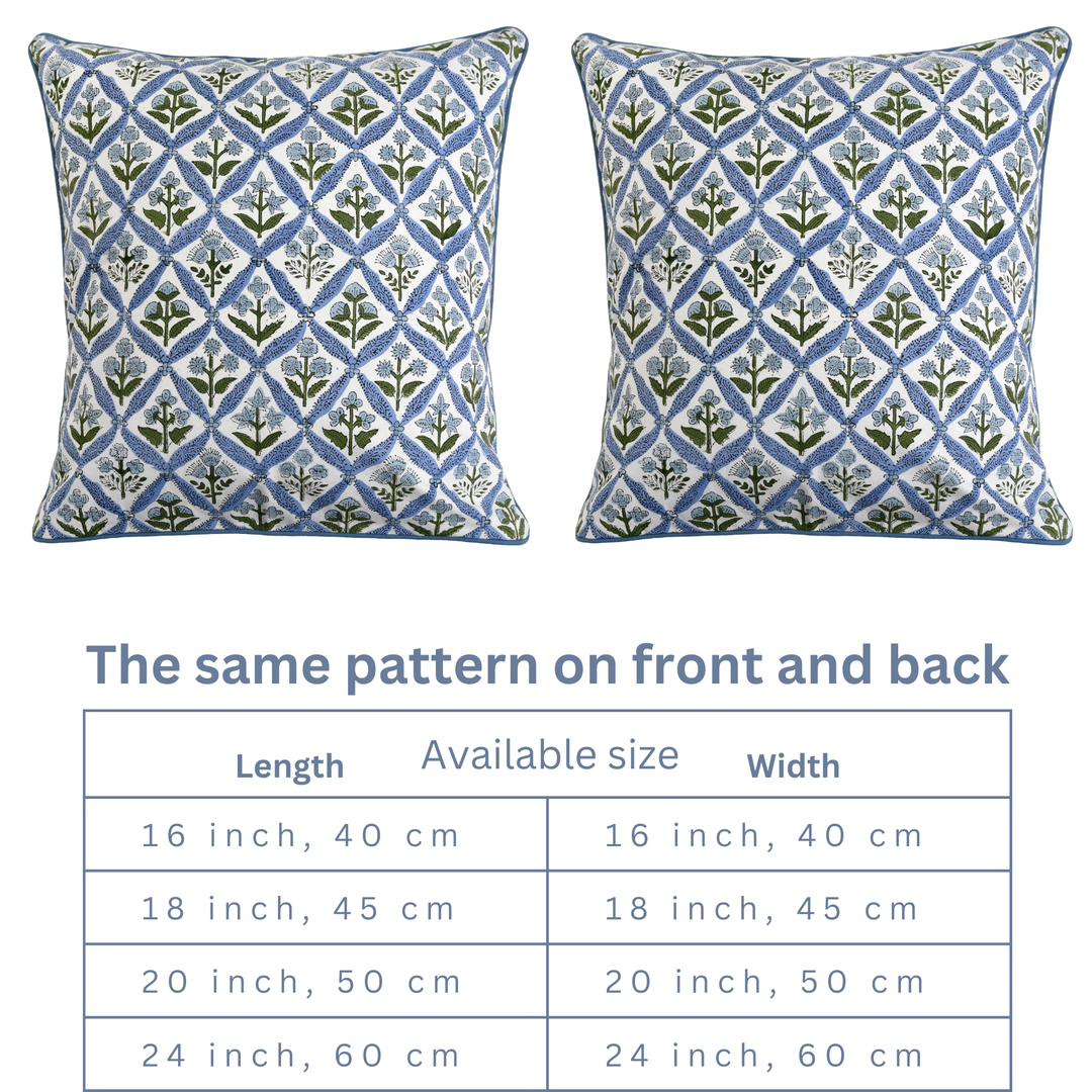 Light Steel Blue Indian Hand Block Printed Cotton Floral Throw Pillow/Cushion Covers