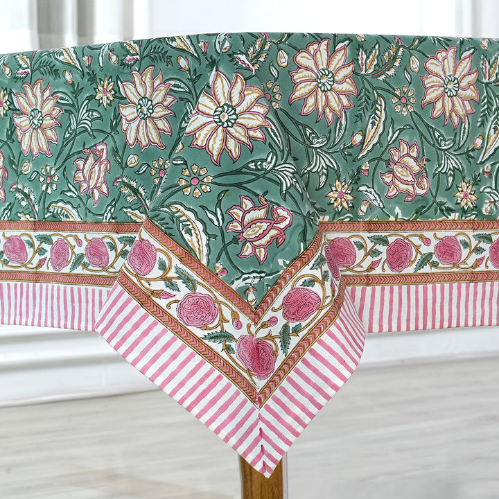 Hand block printed Hunter Green tablelcoth - The Fabricrush - Image 1
