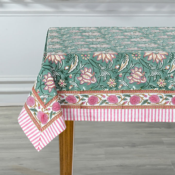 Fabricrush Viridian Green Indian Hand Block Floral Printed Pure Cotton Cloth Tablecloth for Farmhouse, Gift for her, gifts