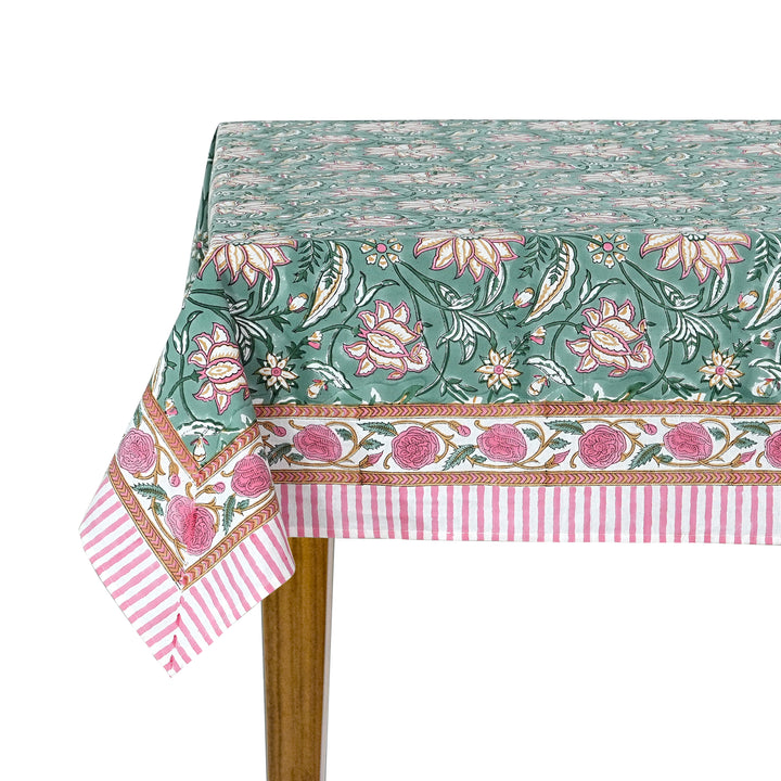 Fabricrush Viridian Green Indian Hand Block Floral Printed Pure Cotton Cloth Tablecloth for Farmhouse, Gift for her, gifts