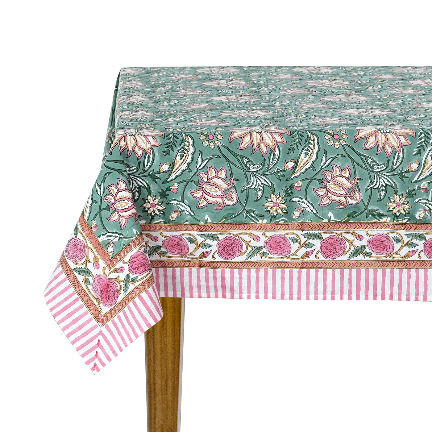 Fabricrush Viridian Green Indian Hand Block Floral Printed Pure Cotton Cloth Tablecloth for Farmhouse