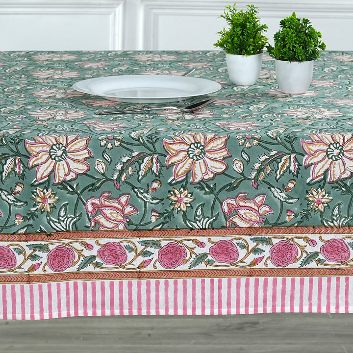 Fabricrush Viridian Green Indian Hand Block Floral Printed Pure Cotton Cloth Tablecloth for Farmhouse, Gift for her, gifts