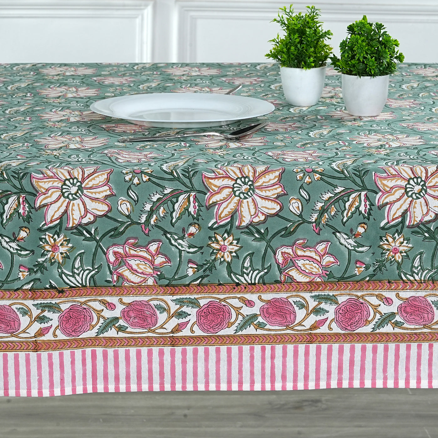 Fabricrush Viridian Green Indian Hand Block Floral Printed Pure Cotton Cloth Tablecloth for Farmhouse