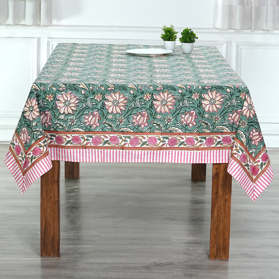 Fabricrush Viridian Green Indian Hand Block Floral Printed Pure Cotton Cloth Tablecloth for Farmhouse, Gift for her, gifts