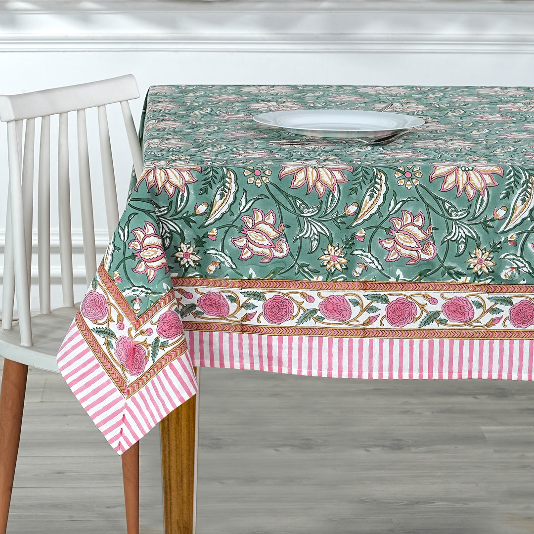 Fabricrush Viridian Green Indian Hand Block Floral Printed Pure Cotton Cloth Tablecloth for Farmhouse, Gift for her, gifts