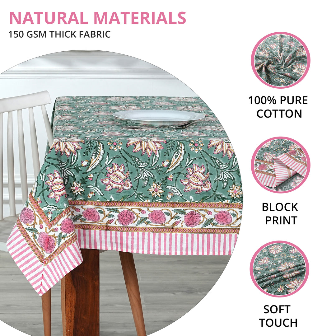 Fabricrush Viridian Green Indian Hand Block Floral Printed Pure Cotton Cloth Tablecloth for Farmhouse, Gift for her, gifts