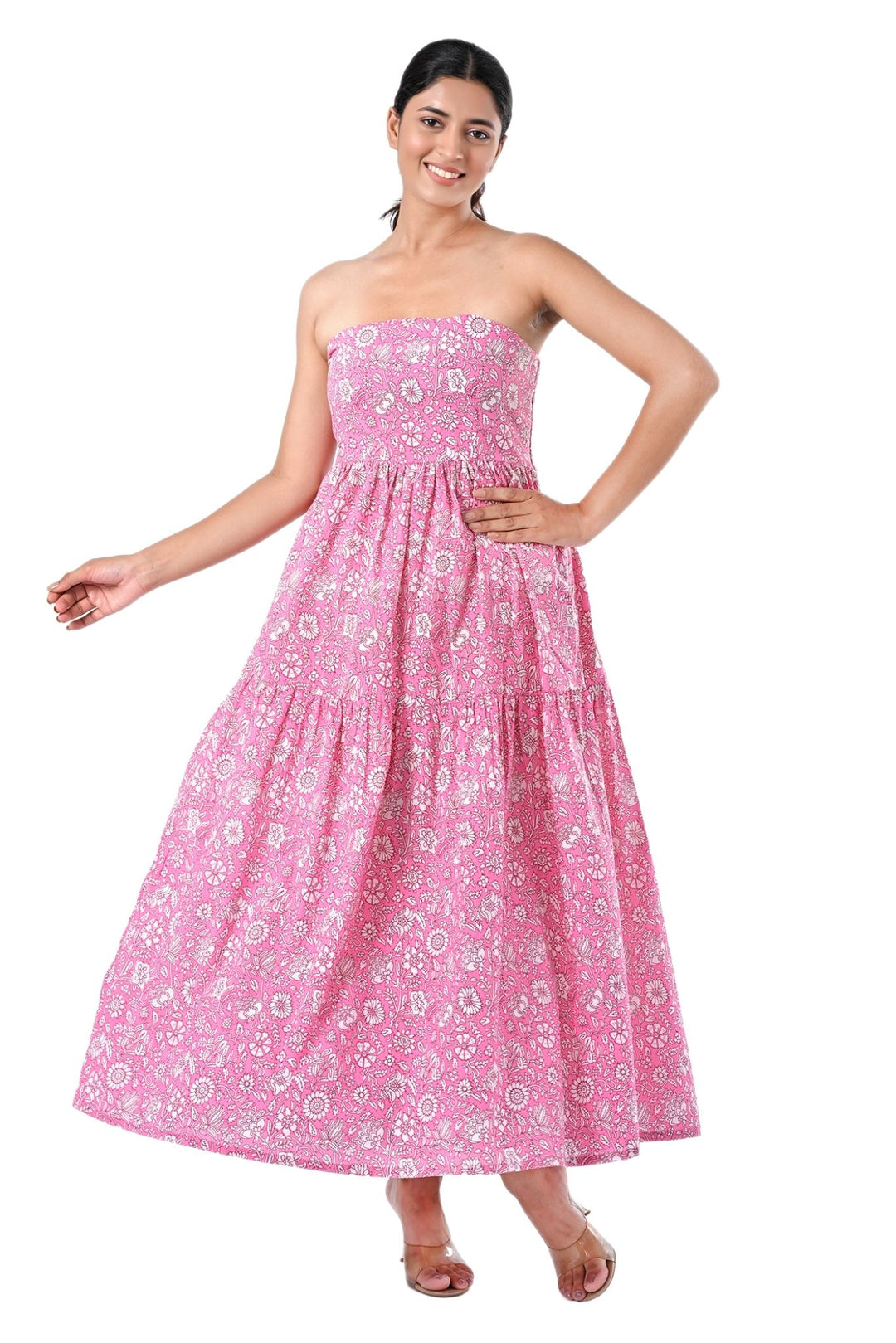 Pink Floral Cotton Strapless Co-Ord Set – Summer Tube Top with Pants