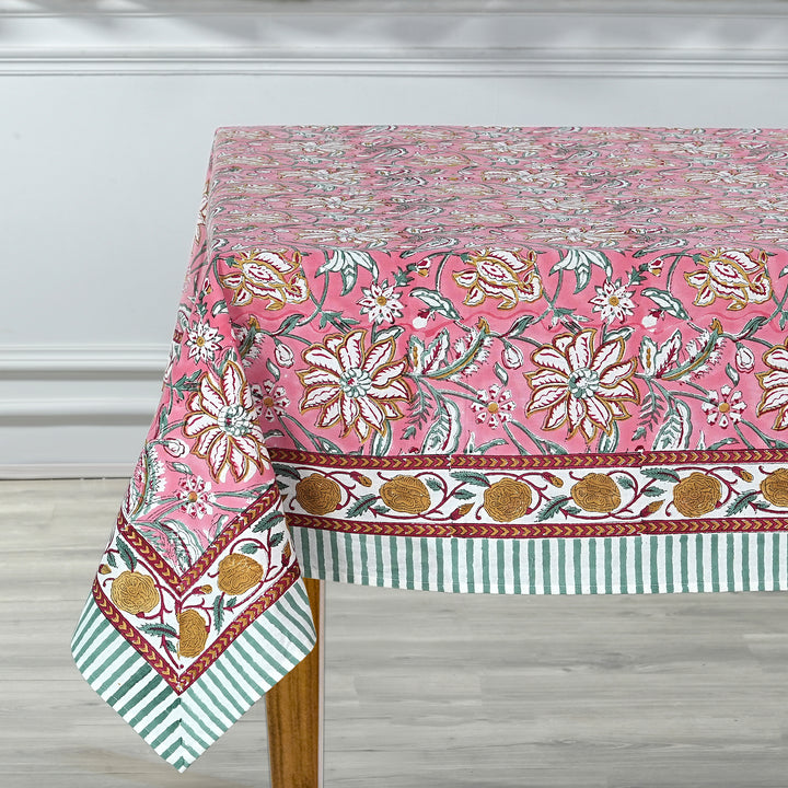 Fabricrush Candy Pink Indian Floral Hand Block Printed Cotton Tablecloth, Dining Table Cover for Farmhouse Party Wedding Home Housewarming Baby Shower, Gift for her, gifts, Christmas decor, Christmas