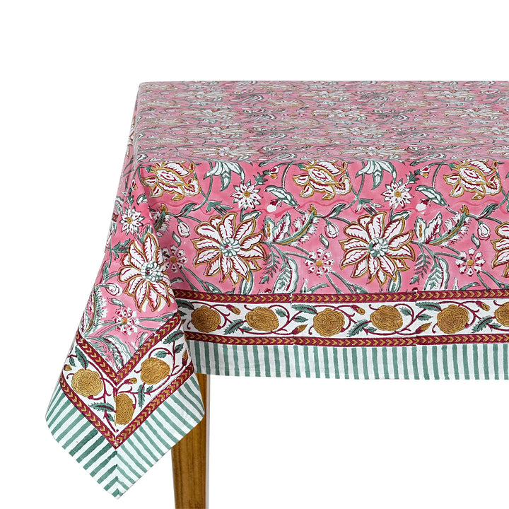 Fabricrush Candy Pink Indian Floral Hand Block Printed Cotton Tablecloth, Dining Table Cover for Farmhouse Party Wedding Home Housewarming Baby Shower, Gift for her, gifts, Christmas decor, Christmas