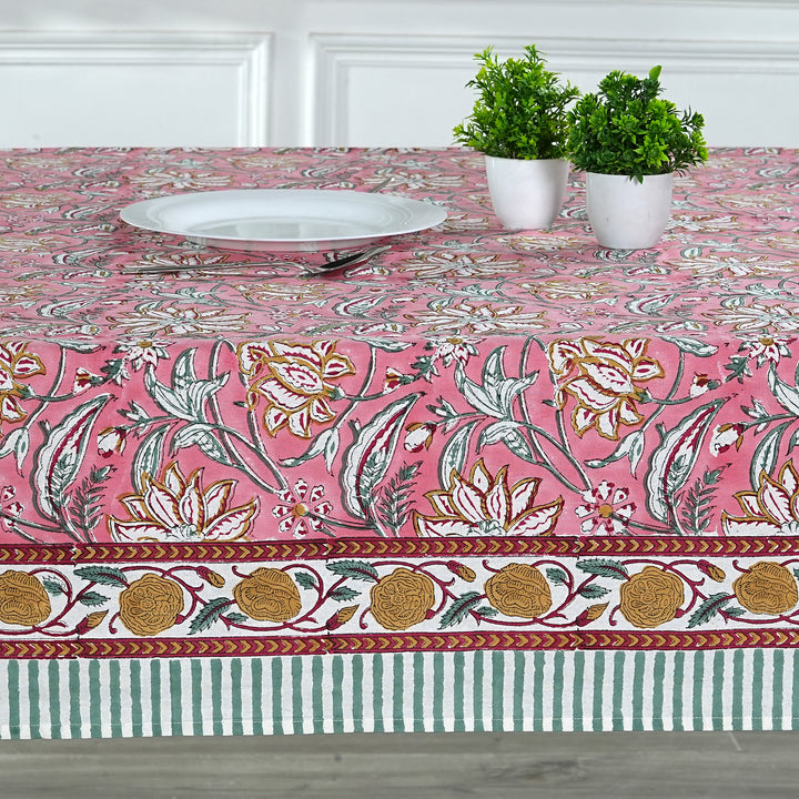 Fabricrush Candy Pink Indian Floral Hand Block Printed Cotton Tablecloth, Dining Table Cover for Farmhouse Party Wedding Home Housewarming Baby Shower, Gift for her, gifts, Christmas decor, Christmas