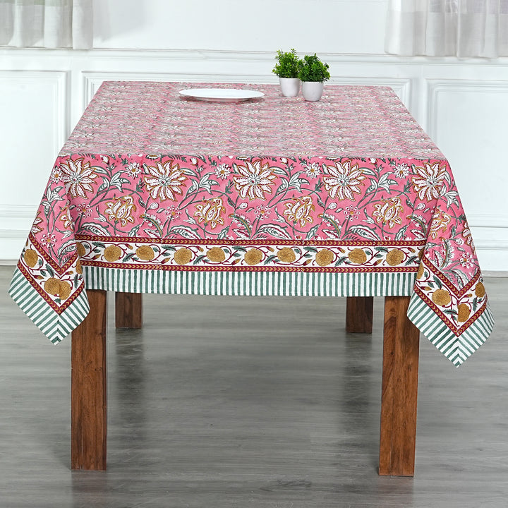 Fabricrush Candy Pink Indian Floral Hand Block Printed Cotton Tablecloth, Dining Table Cover for Farmhouse Party Wedding Home Housewarming Baby Shower, Gift for her, gifts, Christmas decor, Christmas