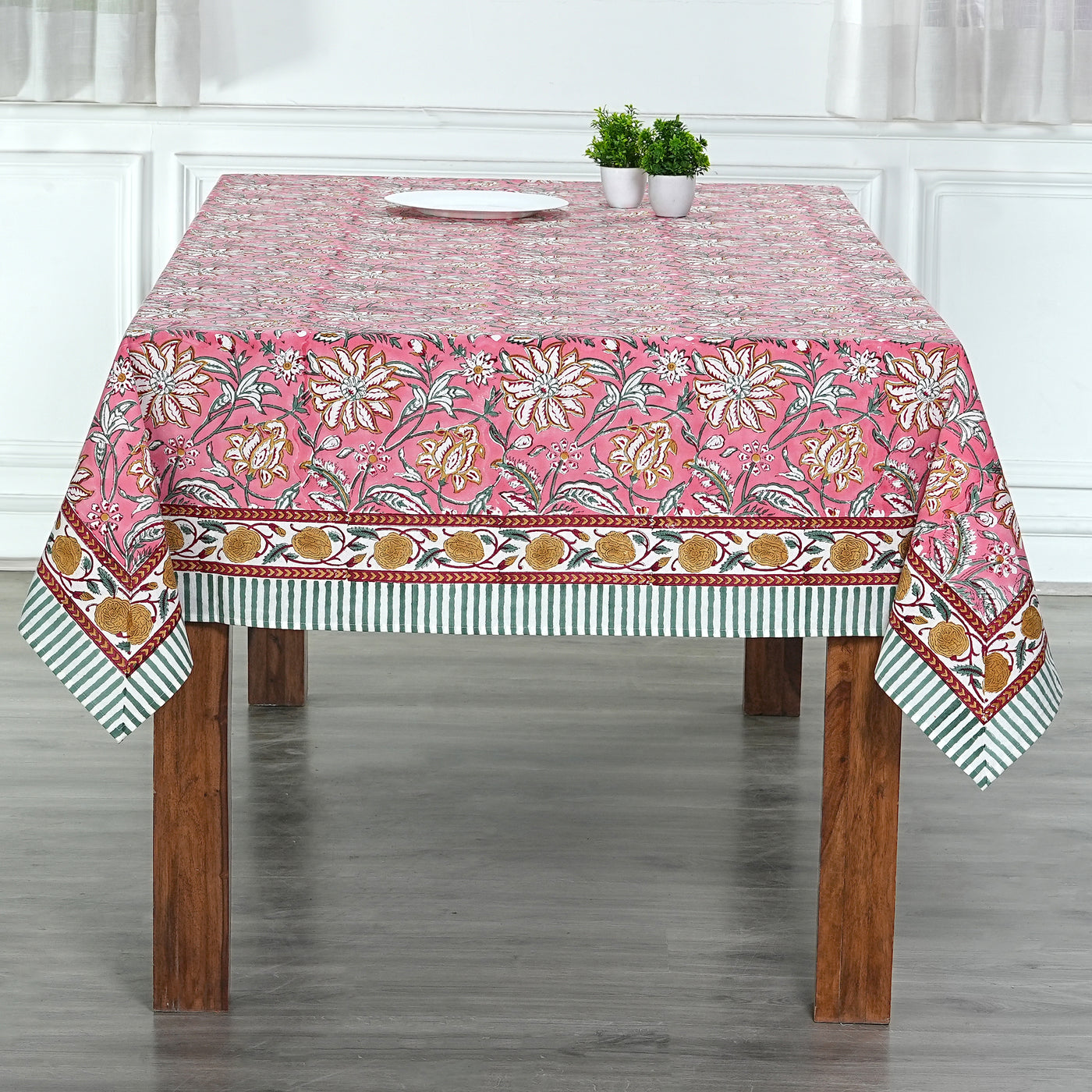 Fabricrush Candy Pink Indian Floral Hand Block Printed Cotton Tablecloth, Dining Table Cover for Farmhouse Party Wedding Home Housewarming Baby Shower