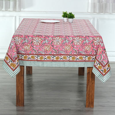 Fabricrush Candy Pink Indian Floral Hand Block Printed Cotton Tablecloth, Dining Table Cover for Farmhouse Party Wedding Home Housewarming Baby Shower